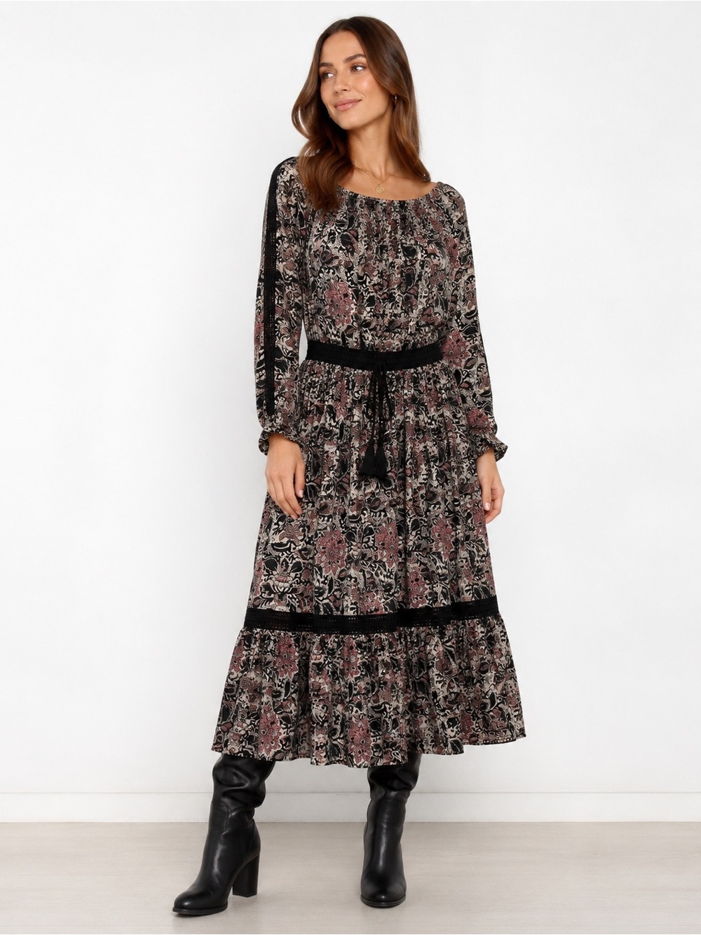 NWT Medium Lucky Brand 3/4 sleeve Peasant Tiered Maxi Dress Size M